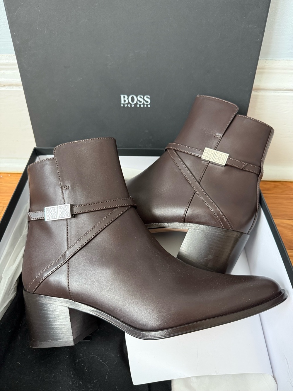 Hugo Boss Brown Leather Ankle Boots with Silver Buckle